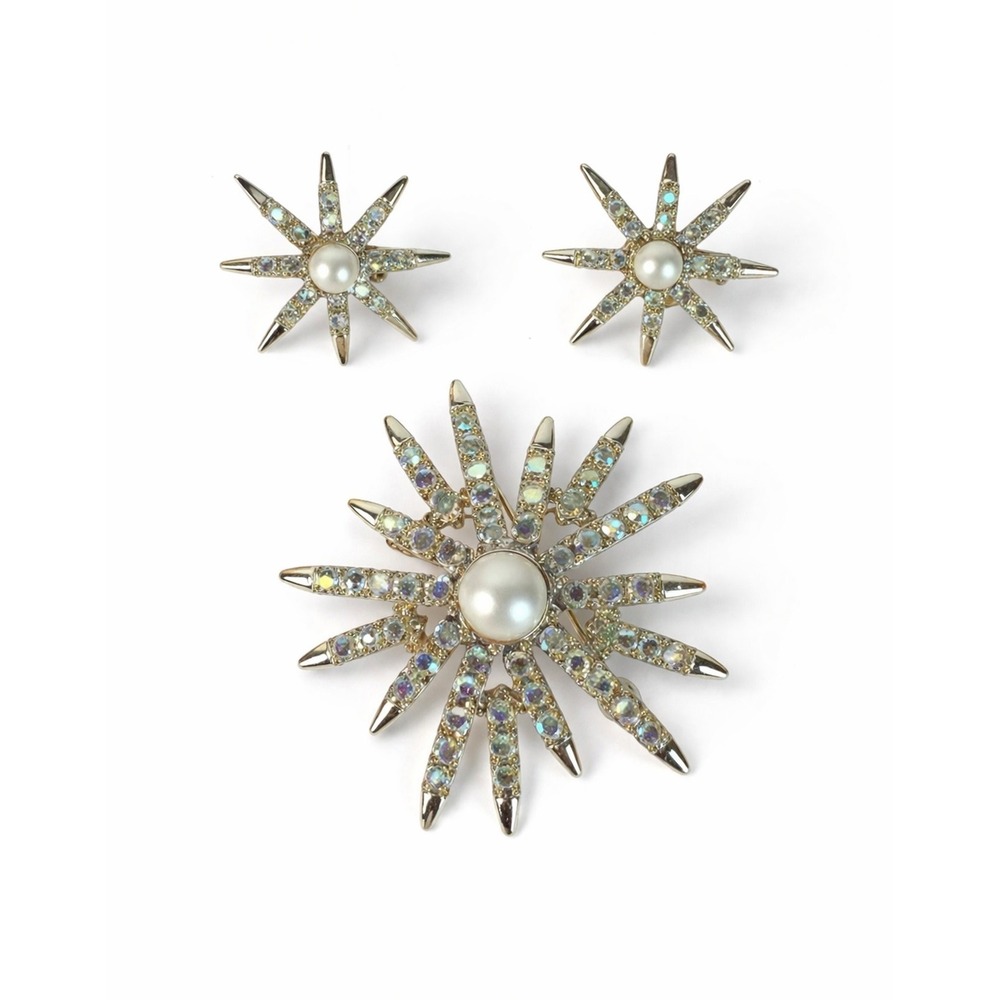 Vintage EMJ Marked Starburst Brooch/Earring Set Gold Aurora Borealis Faux Pearl